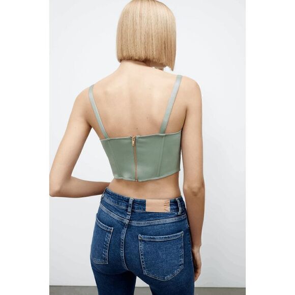 ZARA NWT SZ XS SATIN EFFECT CORSET TOP BUSTIER GREEN - Picture 4 of 9